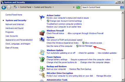 Windows 7 System and Security panel of the Control Panel
