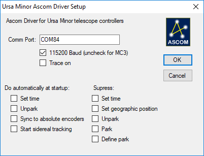 Ursa Minor Ascom driver setup dialog box