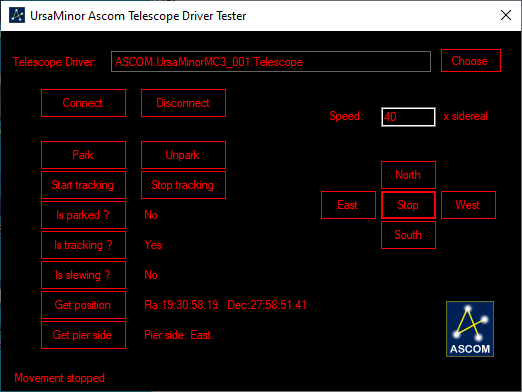 Ursa Minor tester program for telescope Ascom drivers